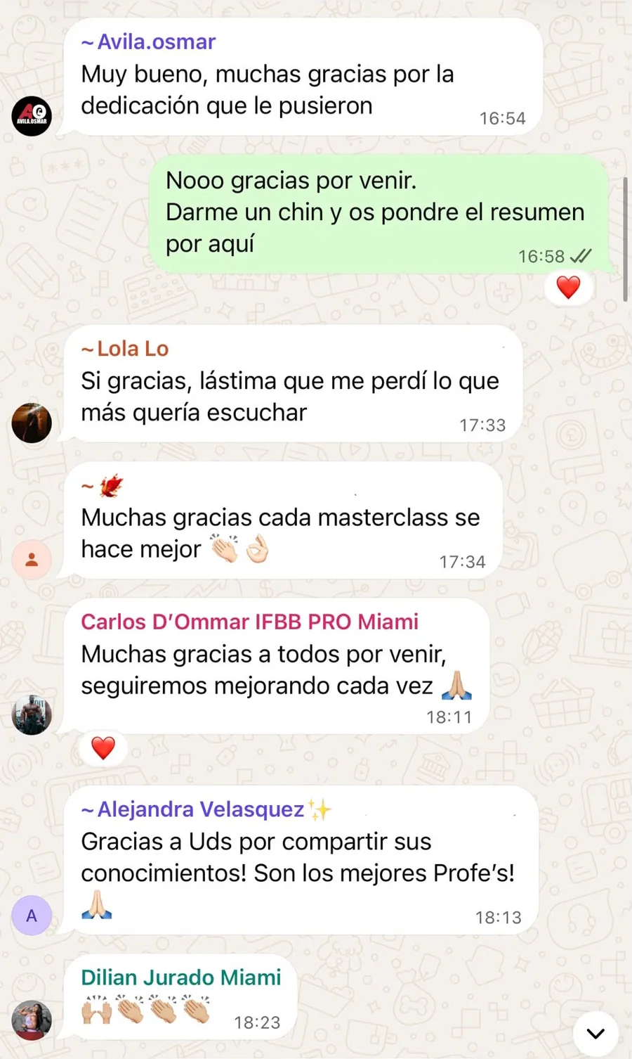 Mensajes de asistentes agradeciendo una masterclass de NexMind Academy